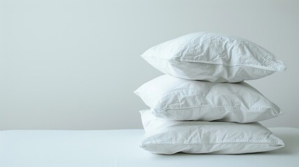 A stack of white pillows isolated on a white background in a hotel or resort room, illustrating the concept of comfortable sleep