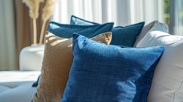 A soft cotton cushion in blue, displayed as a square shape