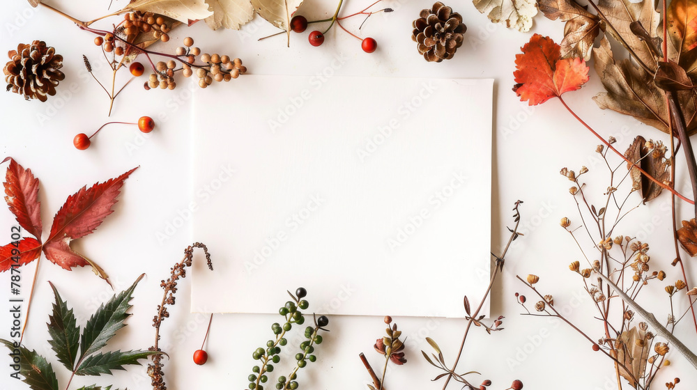 Wall mural top view of dry branches with leaves and flowers and white card with copy space