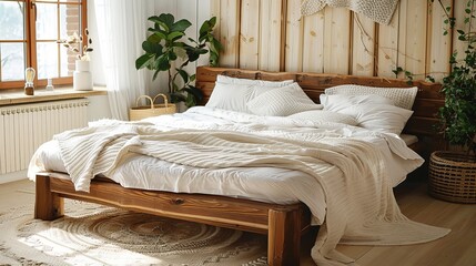 A wooden bed adorned with a soft white mattress, blanket, and pillows in a warmly decorated room