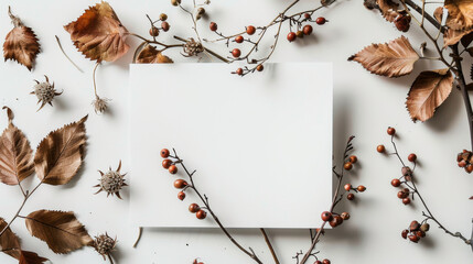 top view of dry branches with leaves and flowers and white card with copy space - Powered by Adobe