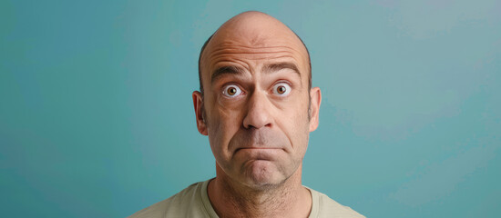A sad middle-aged man with baldness on blue background. Banner template for scalp hair restoration products and procedures.