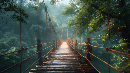 As you walk across the bridge, feel the tranquility of nature.  - obrazy, fototapety, plakaty