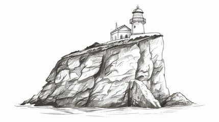 Pen sketch Small Lighthouse on the Rock. Greece Corfu