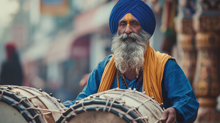 Sikh drummer in blue attire and turban sits in front of traditional dhol drums, on Baisakhi, banner