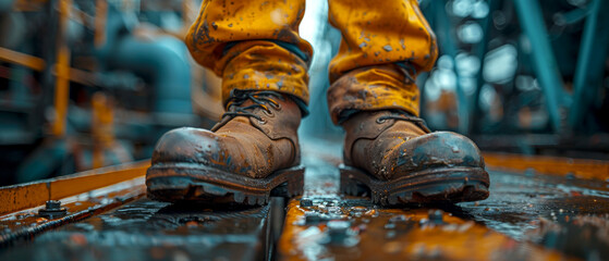 Close up man in yellow dirty boots standing in a wet area into a factory