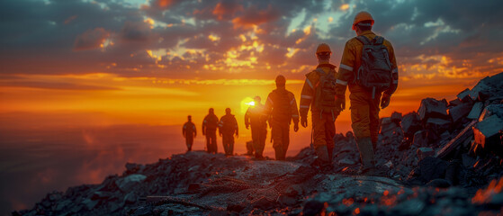 A group of men in orange jumpsuits are walking up a rocky hillside - Powered by Adobe