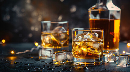 Whiskey with ice cubes in glasses and bottle on table