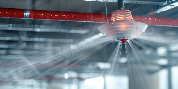 Indoor fire suppression system. White Smoke detector and water sprayer in the ceiling, water leaks, room security.