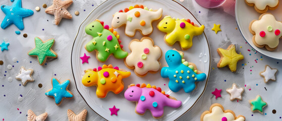 A plate of colorful dinosaur cookies with stars and sprinkles on the table