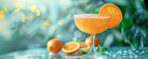 Close-up view of the glass with cocktail decorated by herbs and slice of orange. Background, banner and vacation concept.
