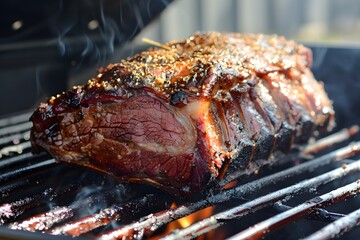 Prime Rib steak grilling on a grill during barbecue party