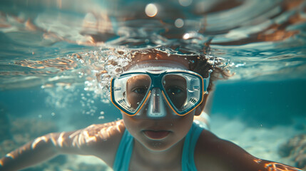 Naklejka premium Child snorkeling underwater with diving mask, sea exploration portrait.