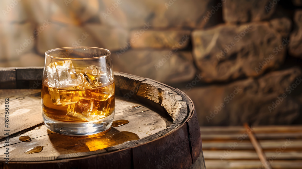 Poster Glass of whiskey with ice cubes on the old barrel With copy space on wooden background : Generative AI
