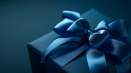 Part of Luxury gift box with a blue bow on blue side view monochrome Fathers day or Valentines day gift for him Corporate gift concept or birthday party Festive sale wide banner : Generative AI