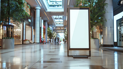 Mockup poster stand with blank copy space in shopping center restaurant mall environment.