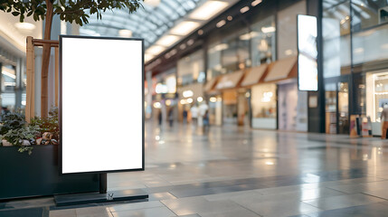 Mockup poster stand with blank copy space in shopping center restaurant mall environment.