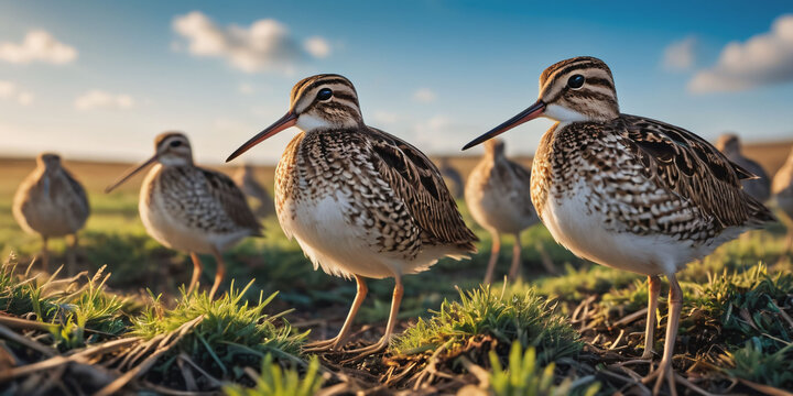 A Group of Common Snipes Huddle in Short Grass.  A group of common snipes huddle together in a field of short grass. Their long beaks probe the ground for worms and insects.