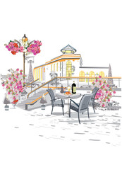 Series of vintage backgrounds decorated with flowers, retro cars and old city views. Hand drawn illustration.