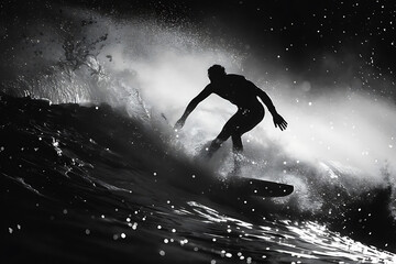 A dynamic image of surfing capturing an athlete expertly riding a wave, showcasing the thrill and excitement of the sport in a breathtaking coastal environment. - obrazy, fototapety, plakaty
