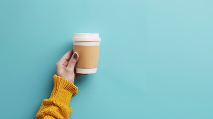 hand holding coffee cup isolated on blue background