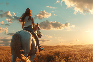 A young girl elegantly rides a horse in an equestrian sports setting, showcasing her riding skills and the bond between horse and rider in a serene outdoor environment. - obrazy, fototapety, plakaty