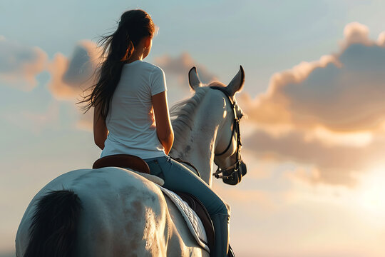 A young girl elegantly rides a horse in an equestrian sports setting, showcasing her riding skills and the bond between horse and rider in a serene outdoor environment.