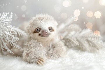 Naklejka premium An adorable baby sloth blissfully asleep on a soft faux fur surface