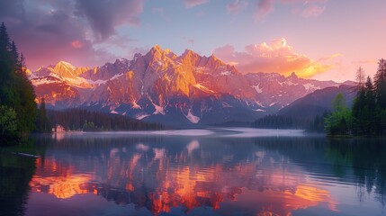tranquil alpine lake reflecting colorful mountain peaks during a serene sunrise