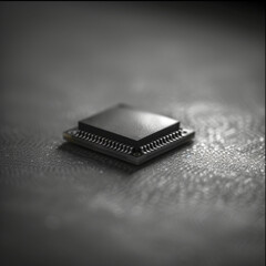 Close up small black computer chip on blurred background, selective focus