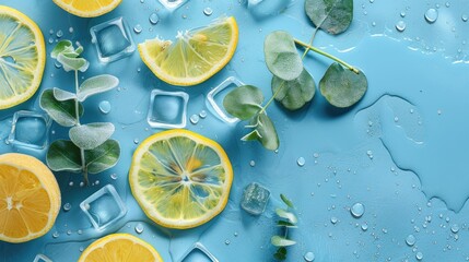 fresh sliced lemon and lime fruits on a blue background with ice cubes and waterdrops