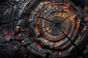 Close-up View of Charred Tree Trunk with Visible Growth Rings After Fire Damage - obrazy, fototapety, plakaty