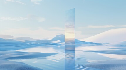 tranquil mirror divide in a surreal desert landscape with reflective water surface