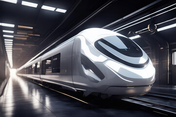 High speed train in the city at night. 3d rendering generative ai