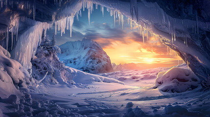 Winter landscape featuring a frozen ice cave in nature