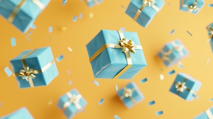 floating blue gifts with golden ribbons among confetti on cheerful celebration background