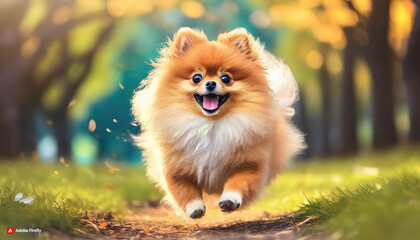Obraz premium Pomeranian running in the park