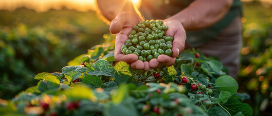 A person is holding a handful of green peas in a field