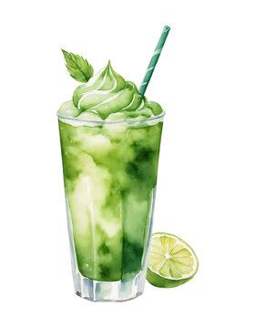 Watercolor illustration of an iced mint and lime milk cocktail with cream on a transparent background. Cool drink with ice cubes and mint leaves. Summer drink clipart.
