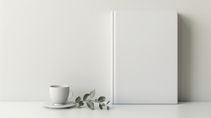 mockup of clean white hardcover book standing with shadow and eucalyptus leaf