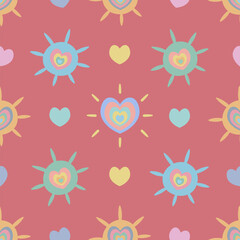 Sun and heart. Seamless vector pattern. Cute colorful symbols. Endless shining ornament. Isolated pink background. Idea for web design.