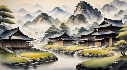 Japanese ink wash painting scenery Generative Ai