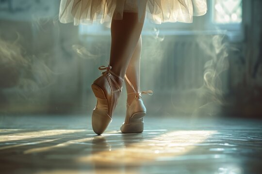 Ballet dancer standing on toes in a misty room with sunlight
