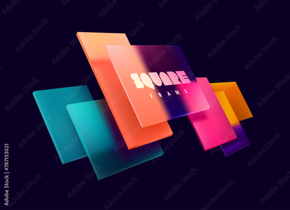 Poster 3d colorful squares and rectangles in glass morphism style. transparent frame for text with geometri