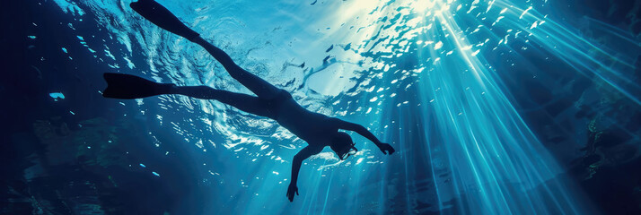 Minimalist Underwater Swimming Wallpaper with Swimmer Gliding Through Serene Blue Waters - obrazy, fototapety, plakaty