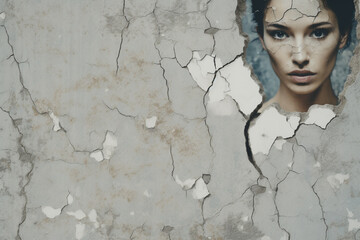 A female face peers through a textured, peeling wall, evoking intrigue - obrazy, fototapety, plakaty