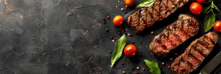 Mouthwatering Grilled Steak Dish with Fresh Tomatoes and Herbs on Rustic Wooden Background - obrazy, fototapety, plakaty