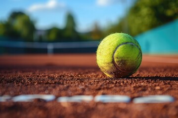 Professional Tennis Court with Ball on Clay Surface in Outdoor Sports Facility