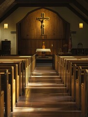 Serene Church Interior with Crucifix and Wooden Pews Offering a Spiritual Sanctuary for Christian Worship and Contemplation - obrazy, fototapety, plakaty