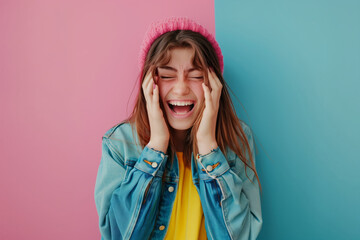 Naklejka premium Laughing girl with hands on face against two-tone